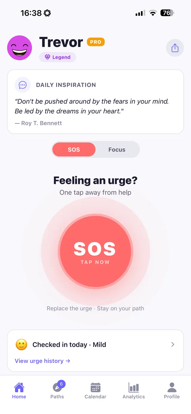 Replacify's SOS panic button — a guided flow for the moment a craving hits